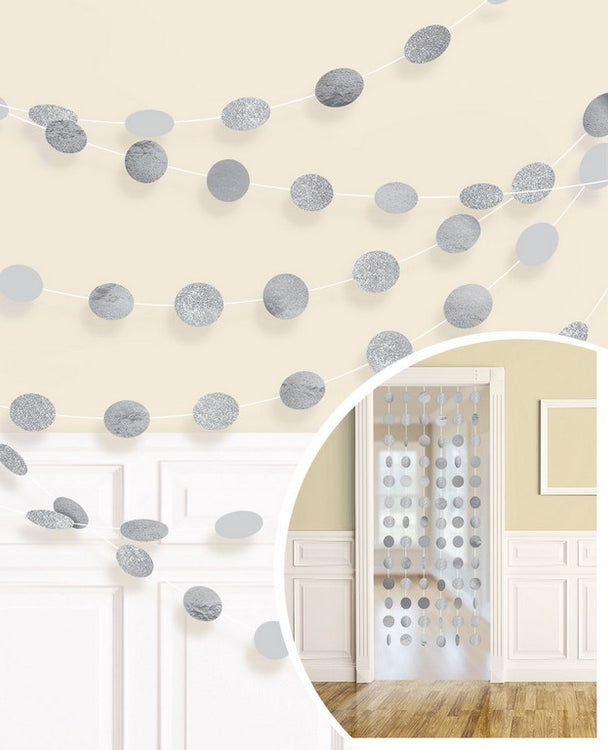 Christmas Silver Round String Glitter Decoration Pack of 6