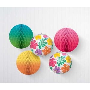 Summer Hibiscus Honeycomb & Paper Lanterns Hanging Decorations Pack of 5