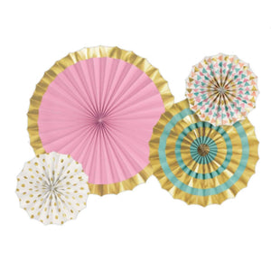 Fan Hanging Decorations Pastel Foil and Gold Pack of 4