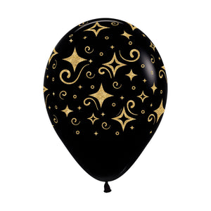 Sempertex 30cm Golden Diamonds Fashion Black with Glitter Ink Latex Balloons 080 12PK Pack of 12