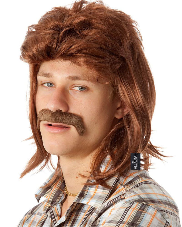 Image of man wearing brown 80s mullet wig and moustache.