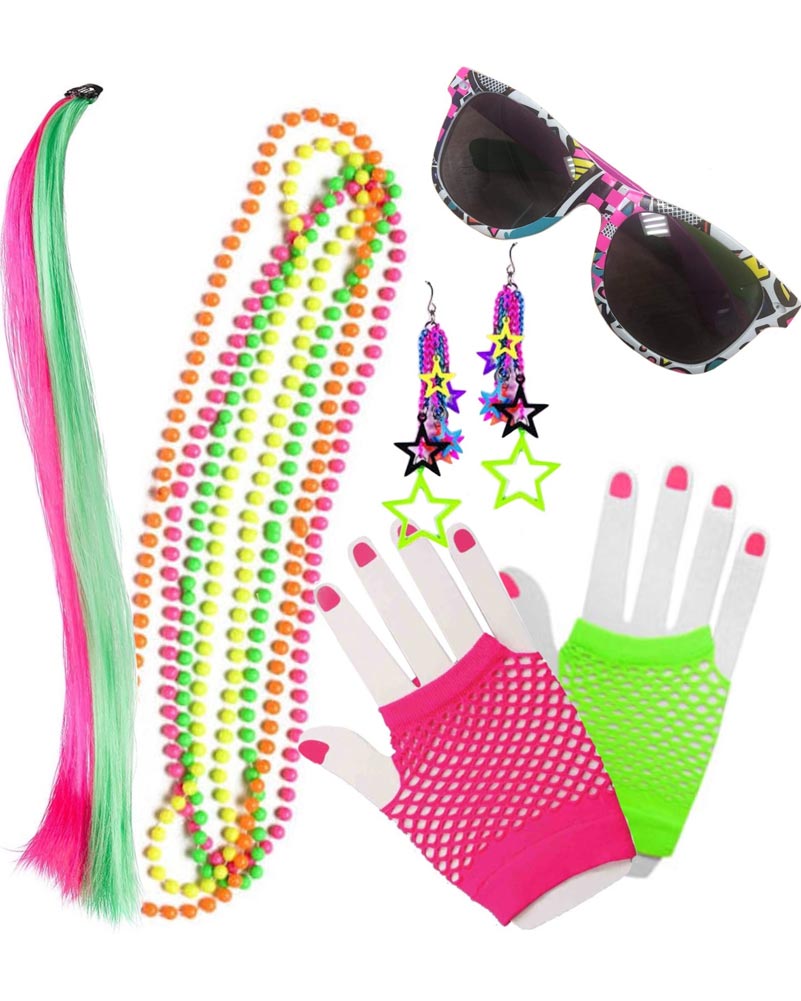 80s Necklace Glasses Earrings Gloves and Hair Clip Set