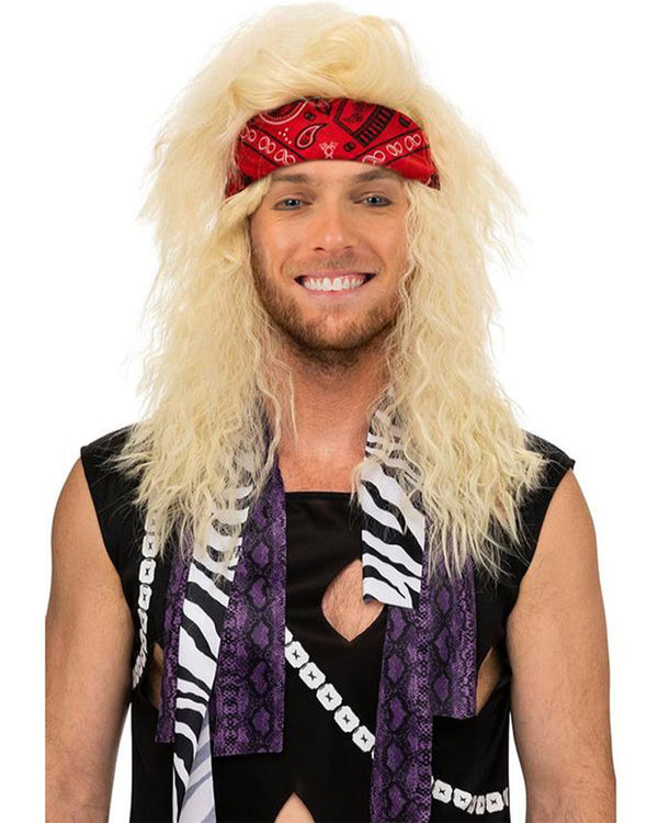 Image of man wearing blonde 80s style wig with red bandana and black singlet.