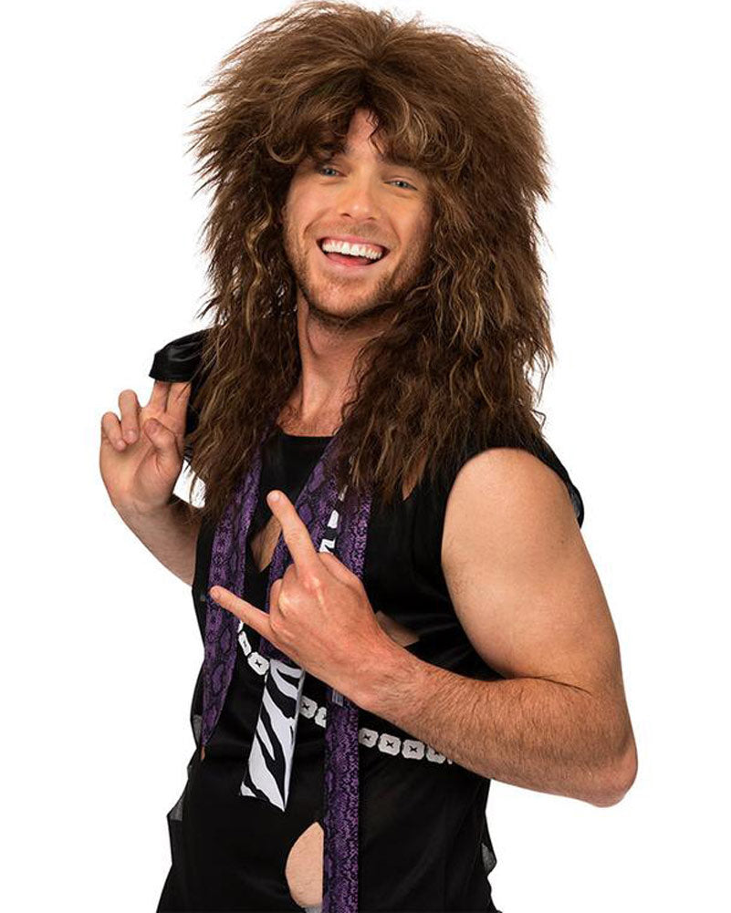 Image of man wearing brown 80s wig with black singlet.