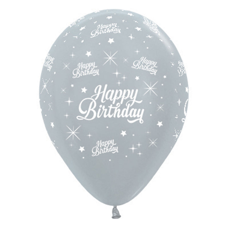 Sempertex 30cm Happy Birthday Twinkling Stars Satin Pearl Silver Latex Balloons, 6PK Pack of 6