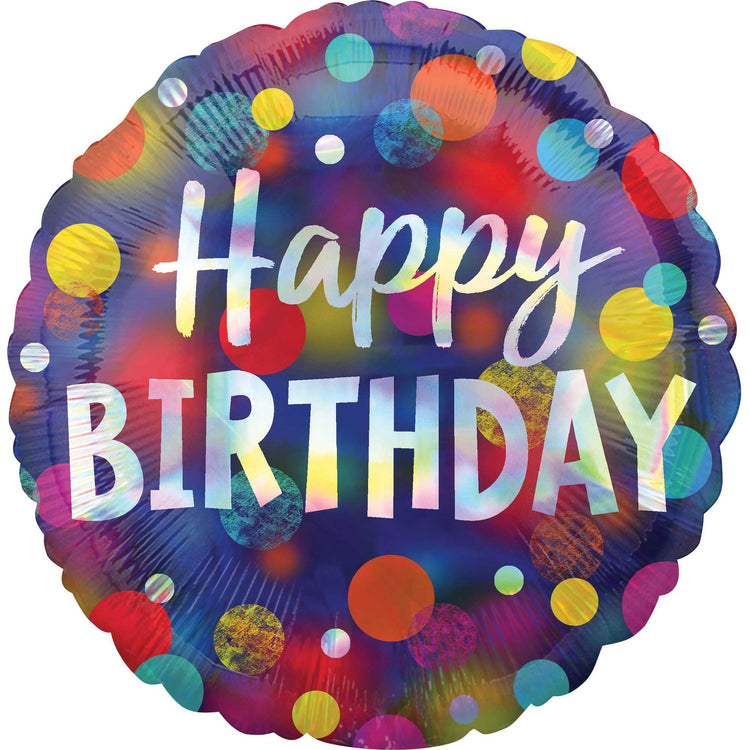 45cm Standard Holographic Iridescent Party Dots Happy Birthday Balloon