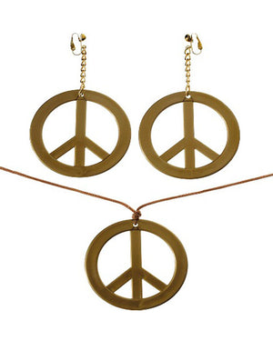 Image of gold peace sign necklace and matching earrings set.