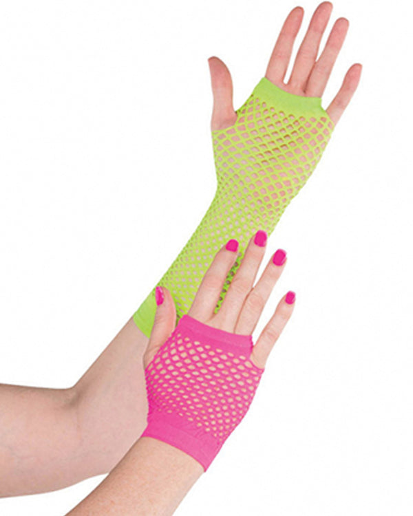 Awesome 80s Neon Pink and Green Fishnet Gloves