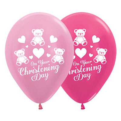 Sempertex 30cm On Your Christening Day Satin Pearl Pink & Metallic Fuchsia Latex Balloons 25PK Pack of 25