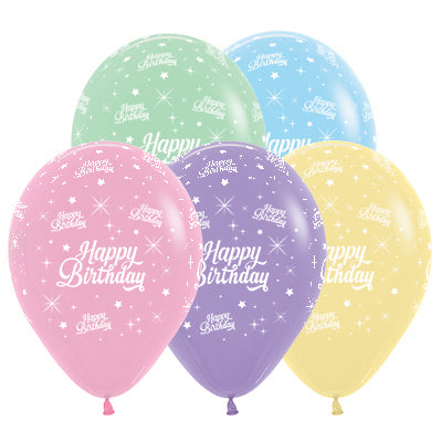 Sempertex 30cm Happy Birthday Twinkling Stars Pastel Assorted Latex Balloons,   25PK Pack of 25