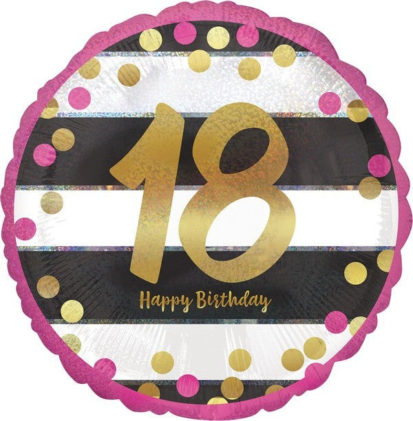 45cm Standard Holographic Pink & Gold Milestone 18 Balloon