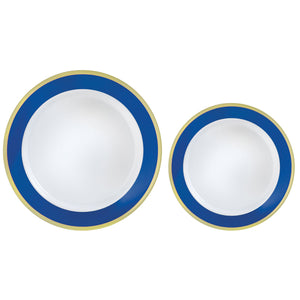 Premium Plastic Plates Hot Stamped with Bright Royal Blue Border Pack of 20