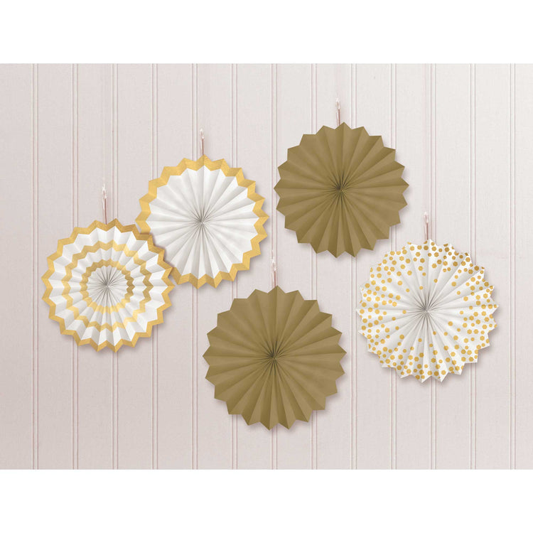 Mini Gold Foil Stamped Paper Fan Hanging Decorations Pack of 5