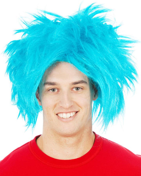 Image of man wearing blue fuzzy wig.