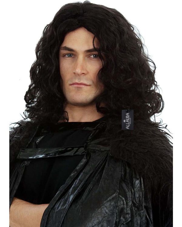 Image of man wearing black curly Game Of Thrones Jon Snow style wig.