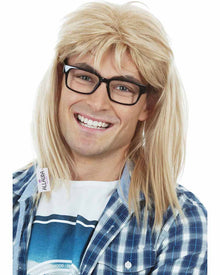 Image of man wearing long blonde wig with black glasses and checkered shirt.