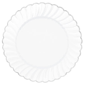 Premium White w/Silver Trim, Scalloped w/Metal Trim 18cm Round Plate Pack of 20