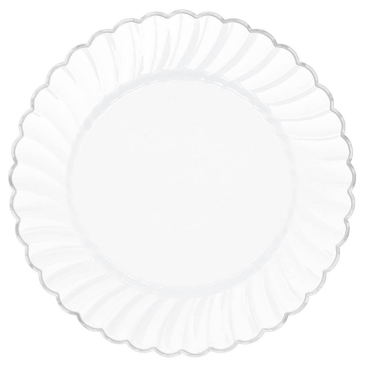 Premium White w/Silver Trim, Scalloped w/Metal Trim 18cm Round Plate Pack of 20