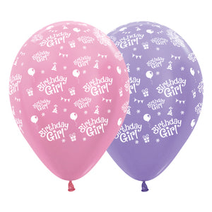 Sempertex 30cm Birthday Girl Satin Pearl Pink & Lilac Latex Balloons 25PK Pack of 25