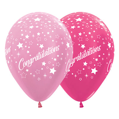 Sempertex 30cm Congratulations Stars Faces Satin Pearl Pink & Metallic Fuchsia Latex Balloons 25PK Pack of 25