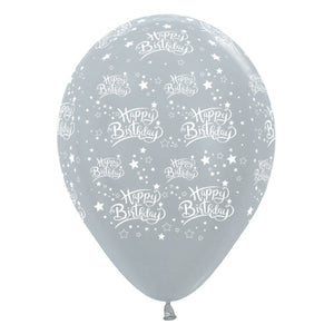 Sempertex 30cm Happy Birthday Stars Satin Pearl Silver Latex Balloons, 25PK Pack of 25