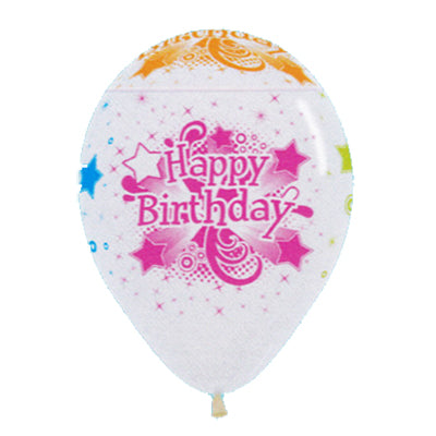 Sempertex 30cm Happy Birthday Crystal Clear & Neon Latex Balloons, 12PK Pack of 12