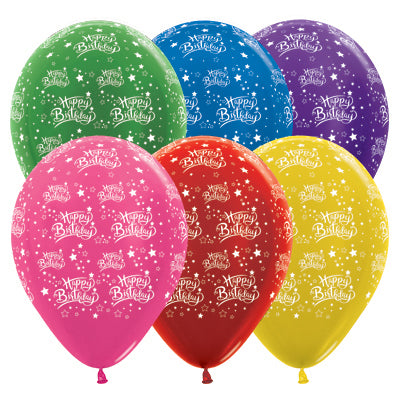 Sempertex 30cm Happy Birthday Stars Metallic Assorted Latex Balloons 25PK Pack of 25