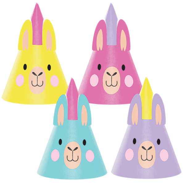 Llama Shaped Party Hats Assorted Designs Pack of 8
