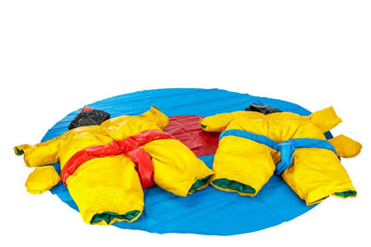 Two PVC and Fabric Adult Sumo Suits with Helmets Gloves and 291cm Mat