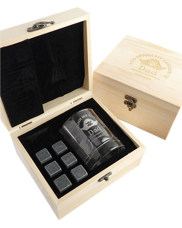 Pirate Dad Personalised Engraved Light Wooden Box Scotch Glass and Stone Set