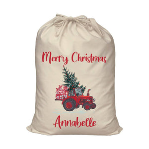 Red Tractor with Xmas Tree Personalised Santa Sack