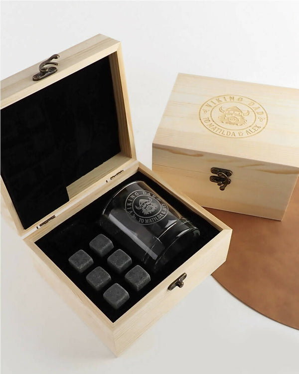 Viking Dad Personalised Engraved Light Wooden Box Scotch Glass and Stone Set