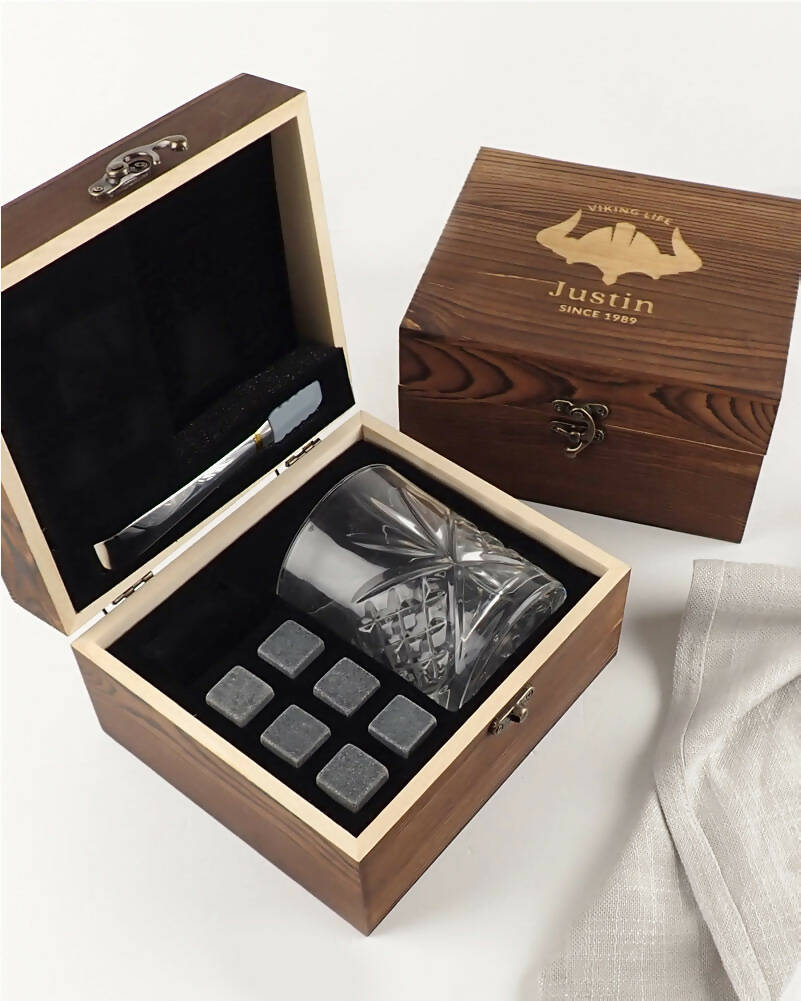 Viking Personalised Engraved Rustic Wooden Box Scotch Glass and Stone Set