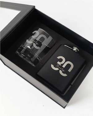 30th Birthday Engraved Black Hip Flask and Round Scotch Glass Set