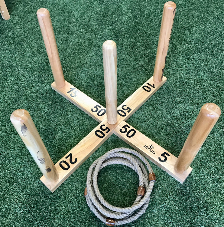 Mega Quoits Wooden Rope Ring Toss Outdoor Game Set 100cm with 4 Rings