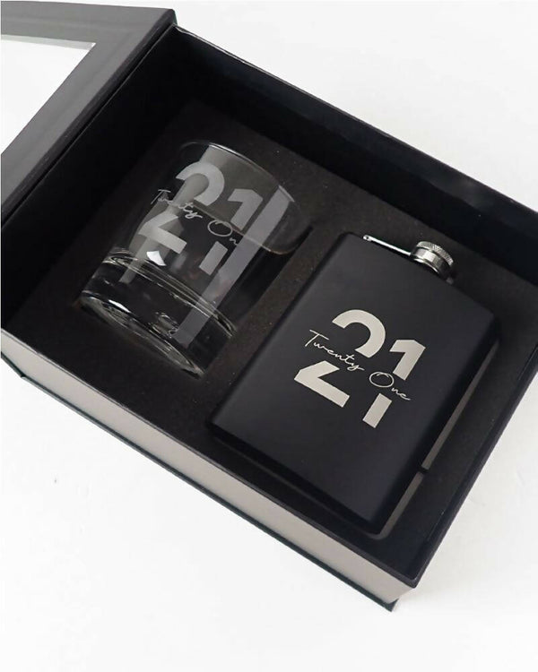 21st Birthday Engraved Black Hip Flask and Round Scotch Glass Set