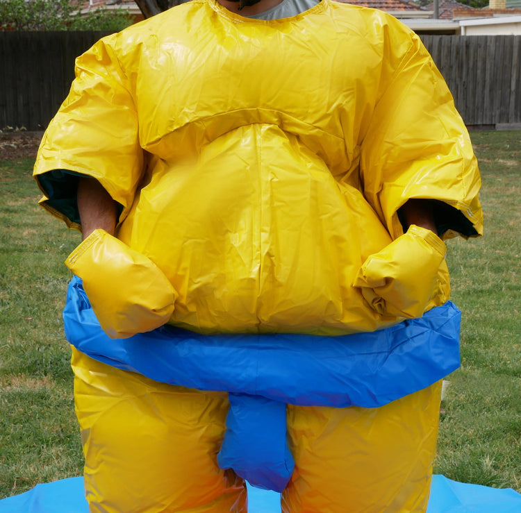 Two PVC and Fabric Adult Sumo Suits with Helmets Gloves and 291cm Mat