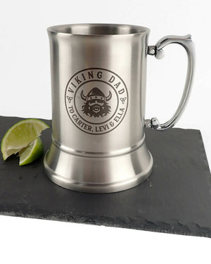 Viking Dad Personalised Engraved Silver Stainless Steel Beer Mug in Gift Box