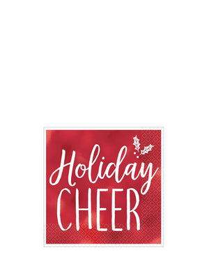 Image of red napkin with 'holiday cheer' written in white.