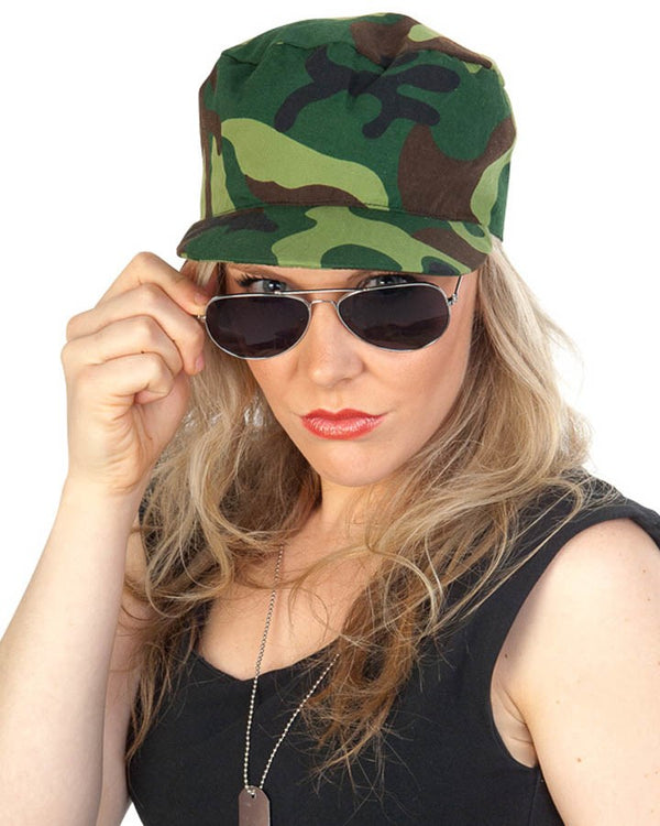Military Camo Army Hat Necklace and Glasses Set