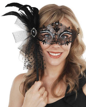Province Metal Masquerade Mask with Clear Jewels on Stick