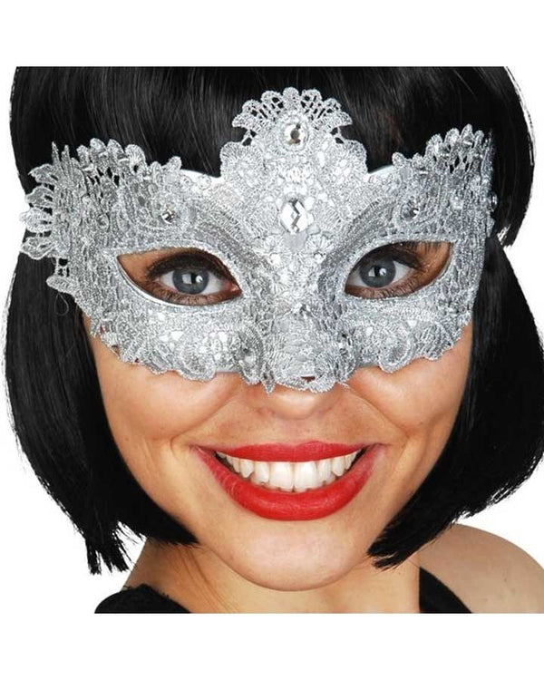 Silver Lace Masquerade Mask with Crystals