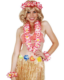 Pink and White Hawaiian Flower Headpiece Necklace and Bracelets Kit