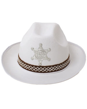 White Cowboy Hat with Woven Band and Badge