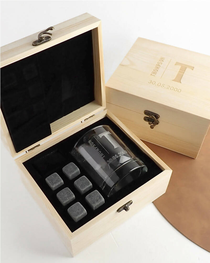 Monogram Personalised Engraved Light Wooden Box Scotch Glass and Stone Set