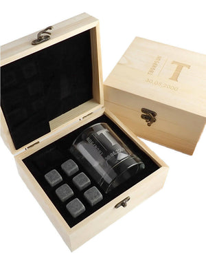 Monogram Personalised Engraved Light Wooden Box Scotch Glass and Stone Set