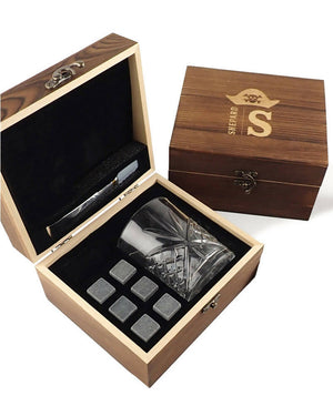 Pirate Personalised Engraved Rustic Wooden Box Scotch Glass and Stone Set