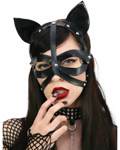 Wet Look Harness Cat Mask