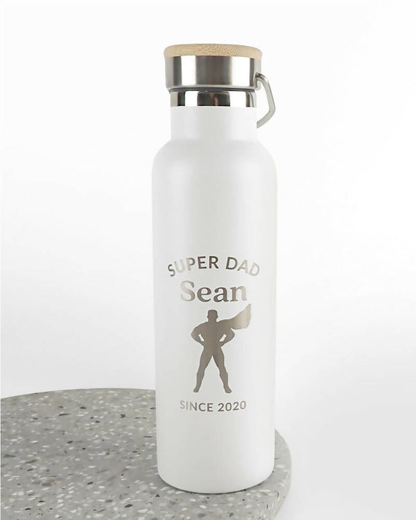 Super Dad White Personalised Engraved 650ml Wooden Lid Water Bottle