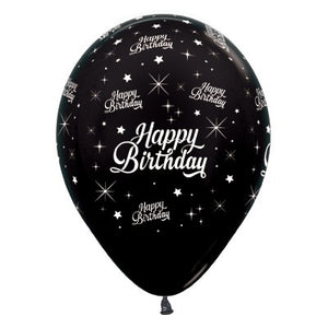 Sempertex 30cm Happy Birthday Twinkling Stars Metallic Black Latex Balloons 25PK Pack of 25